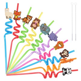 Children's Straws, Pack of 10 Reusable Jungle Animals with Straw Brush, Drinking Straws, Children's Birthday, Colourful Plastic Straws as Party Accessories for Birthday, Children, Hawaiian Party
