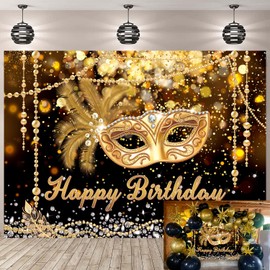 Masquerade Happy Birthday Backdrop Crystal Feather Mask Mardi Gras Photography Banner Glitter Black Gold Mask Carnival Dress-up Evening Birthday Party Decorations Background (8X6FT (240x180cm))