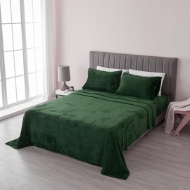 TRP Cozy & Ultra-Soft Hand Feel 4 Piece Deep Pocket Velvet Plush Fleece Sheets Cal.King Set Fully Elastic Fitted Sheet | All Seasons Fall Bedding Emerald Green Color Warm Plush Luxury Bedsheet Set