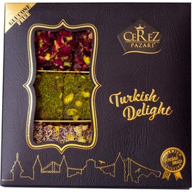 Cerez Pazari Turkish Delight Pistachio with Fantastic Rose & Pomegranate Flavour Experience in Luxury Gift Box 8.8 oz | Assorted Gourmet Soft Candy, Sweet Vegan Traditional Lokum (Loukoumi) (9-11 Pcs)
