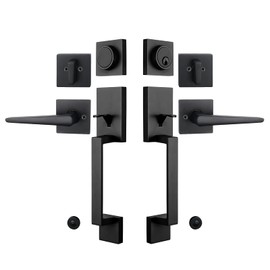 NEWBANG Front Double Door Traditional Style Keyed Entry Door Handleset with Lever Handle in Matte Black,(Keyed and Dummy Set),MDHST2010DB-SET-BR-TMC