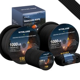 VITALUXE Paracord 1000 lb, 4 mm 12-Strand Parachute Cord, Tactical Parachute Cord 30/75/150/300 m Survival Gear for Camping, Outdoor, Hiking, Ideal for DIY, Type III, 30 m, Black