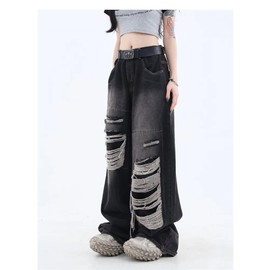 Women's Gothic Ripped Jeans High Waist Hip-Hop Vintage Y2k Denim Pants Oversize Harajuku Beggy Wide Leg Jeans (Large,Black)