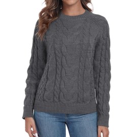 QIXING Womens Cable Knit Jumper Classic Crew Neck Sweater Elegant Long Sleeve Textured Knitwear for Women UK(Dark Gray, L)