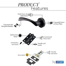 XFORT Matt Black Warped Lever On Rose Latch Pack, with Ball Bearing Hinges & A Tubular Latch, Ideal for Internal Wooden Doors for Home and Office.