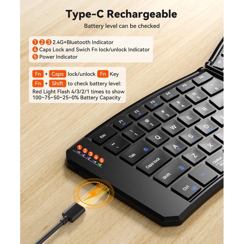 Ergonomic Foldable Keyboard, Portable Folding Travel Bluetooth Keyboard for Business