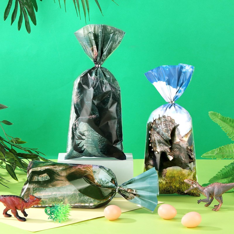Sinload 100 Pcs Dinosaur Party Favor Bags Dinosaur Cellophane Bags
