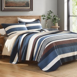 100% Cotton King Quilt, Dark Blue and Brown Striped King Quilt Set