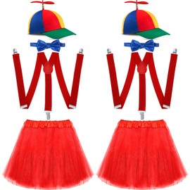 Hillban 8 Pcs Rainbow Propeller Hat Tulle Tutu Skirt Helicopter Top Hat Bow Tie Y Back Style Suspenders for Women Costume(Small)