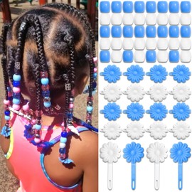 VENOFEN 60PCS Self Hinge Hair Barrettes Blue White Flower Plastic Hair Clips Cute Dreadlock Beads Acrylic Pony Beads 80s 90s Cartoon Hair Pins Accessories for Girl