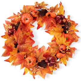 Yunlly 24 Inch Artificial Fall Wreath Autumn Maple Decor Autumn Front Door Wreath with Fake Pumpkin, Maple Leaves, Pine Cones for Outside Indoor Wall Thanksgiving Fall Decor