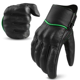 aaasportx Motorcycle Gloves Men's Leather Motorbike Gloves Touchscreen Function - Protectors Motorcycle Gloves Men & Women Motorcycle Gloves with Non-Slip Pads (Perforated,Black Green, Large)
