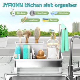 JYFKINN Sink Caddy Organizer, Kitchen Sponge Holder for Sink with Quick Drain Tray & Detachable Towel Rack, Sturdy Rustproof Kitchen Countertop Organizer for Sponge Soap Dispenser (White)