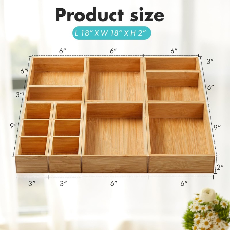 Fabsome Drawer Organizer, Set of 9 Bamboo Wood Kitchen Makeup