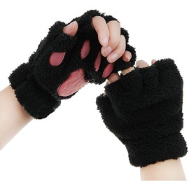 AfinderDE Half Gloves Fingerless Gloves Women Girls Plush Half Gloves Thick Warm Finger Gloves Cartoon Animal Bear Cat Claws Winter Gloves, black