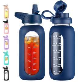 CIVAGO 32 oz Glass Water Bottle with Straw and Handle, Large Sports Motivational Water Bottle Flask with Time Marker and 2 Lids, Leakproof Water Jug Canteen with Silicone Sleeve for Gym,Navy