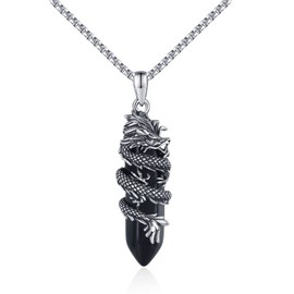 Dragon Necklace for Men 925 Sterling Silver Black Energy Healing Crystal Necklace Dragon Pendant Jewellery Gifts for Women, Silver