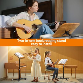 NAMON Music Stand for Sheet Music with Locking Wheels, Portable Rolling Music Stand Adjustable Height & Angle, Large Solid Wood Panel with Page Paper Clip, Ideal for Violin Guitar Piano Players