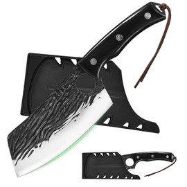 FULLHI Butcher Knife with Sheath, Multi-color Handle Full Tang Serbian Chef Knife, High Carbon Steel Meat Cleaver Vegetable Forged Kitchen Knife for Outdoor, Camping (Black, Asian Chef Knife)