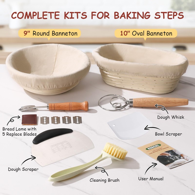 KOACKL Sourdough Starter Kit, 9" Round & 10" Oval Banneton