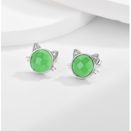 Sterling Silver Cat Stud Earrings for Women Girls, Hypoallergenic Silver Cute Cat Face Stud Earrings with Green Cubic Zriconia Jewelry Gifts for Teens Kids