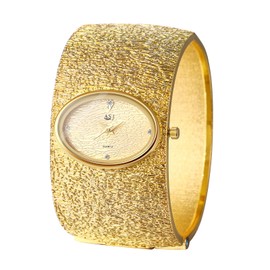 JewelryWe Women's Watch Gold Oval Watch: Women's Analogue Quartz Wrist Watch Chunky Wide Open Bangle Bracelet Watch Alloy Clasp Watch Gift for Women Girls, Gold - Oval