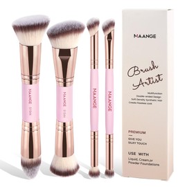MAANGE Brochas de Maquillaje, 4 Brochas Maquillaje Premium de Doble Punta (Plana/Acodada/Redonda Acodada/Cónica) para Pulir Líquidos, Cremas, Polvos, Difuminar y Contornear el Rostro(Oro rosa)