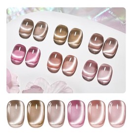 JODSONE Jelly Cat Eye Gel Nail Polish Set Pink Brown Collection 6 Colors for Holographic Glitter Cat Eye with Magnet at Home Salon Design Gift for Girls