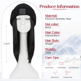 S-noilite Beanie Wig Hair Extensions,11 Inch Short Straight Hair Extensions with Knitted Hat Hairpieces for Women Girls Winter Natural Black