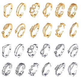 24Pcs Adjustable Toe Rings for Women Adjustable Open Toe Rings Set for Women Gold Silver Plated Toe Rings Women's Knuckle Ring Arrow Knot Star Moon Foot Ring Set Toe Rings for Beach, Various Parties