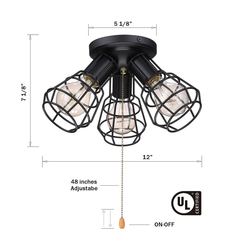 Farmhouse Close to Ceiling Light with Pull Chain, 3 Lights