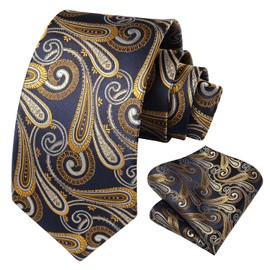 HISDERN Extra Long Floral Paisley Tie Handkerchief Men's Necktie & Pocket Square Set ,Navy Blue & Gold,XL, 63 inches length