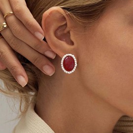 Inilbran Boho Pearl Coral Earrings Red Coral Studs Earrings Vintage Coral Gemstone Earrings Red Coral Stone Earrings Jewelry for Women and Girls