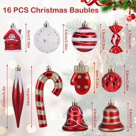 Huiguli Christmas Tree Decoration, 16 Pcs Christmas Tree Baubles, Shatterproof Christmas Tree Decorations Balls, Glitter Decorated Baubles for Xmas Christmas Wedding, Red Gold White