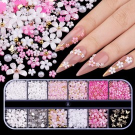 editTime 3D Glitter Flower Nail Art Charms, White Pink Rose Acrylic Cherry Blossom Spring Petal Metal Gold Silver Round Caviar Beads Studs Pearl Rhinestones for Manicure Craft DIY (9-K3-glitter)