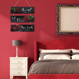 KARINE Red Flower Wall Decor Motivational Words Hanging Sign Rose Flowers Inspirational Quotes Wall Plaque for Office Accept Let Go Have Faith Quotes for Girls Women Living Room Bathroom