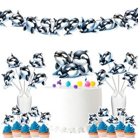 Orca Themed Party Decor Set - Majestic Ocean Adventure Kit for Birthdays & Baby Showers, Includes Banners, Centerpieces, Cupcake Toppers