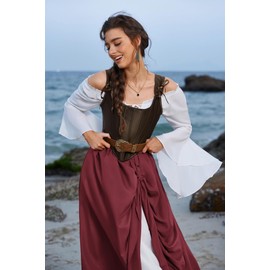 SCARLET DARKNESS Women's Renaissance Skirt with Ruffle Lace Hem, High Waist, A-Line Maxi Skirt, darkred