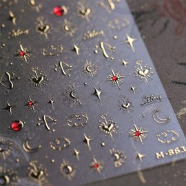 UEYRSEDB 5D Embossed Gold Star Nail Stickers Gold Moon Nail Art Stickers Self-Adhesive Red Crystal Planet Nails Decals Retro Red Rhinestone Design Love Heart Nails Supplies for Women Manicure DIY