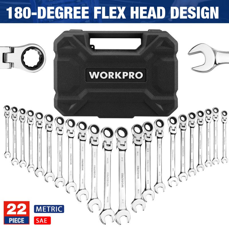 WORKPRO 22-Piece Ratcheting Wrench Set 180-degree flex head 72 Teeth