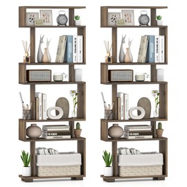 Giantex 6-Tier Geometric Bookcase Set of 2, 64" Tall S-Shaped Bookshelf w/Anti-Tipping Kit, Wood Freestanding Decorative Storage Display Shelves for Living Room, Bedroom & Home Office, Rustic Brown