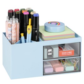 LETURE Office Desk Organizer with drawer, Office Supplies and Desk Accessories, Business Card/Pen/Pencil/Mobile Phone/Stationery Holder Storage Box (Blue)