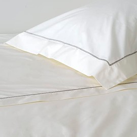 Huddleson 500TC Ivory Cotton Percale Euro Pillow Shams with Chocolate Brown Hemstitch (Pair)