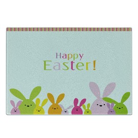 Lunarable Easter Cutting Board, Cartoon Style Funny Bunnies with Colorful Letters Coming of Spring Happy Animals, Decorative Tempered Glass Cutting and Serving Board, Small Size, Multicolor