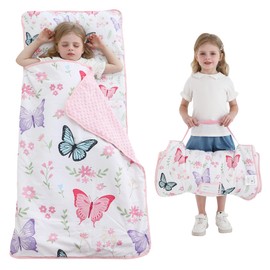 Viviland Toddler Kid Nap Mat for Preschool, White Butterfly Slumber Bag, Daycare Sleeping Bag with Pillow and Blanket, Kindergarten Sleep Mat