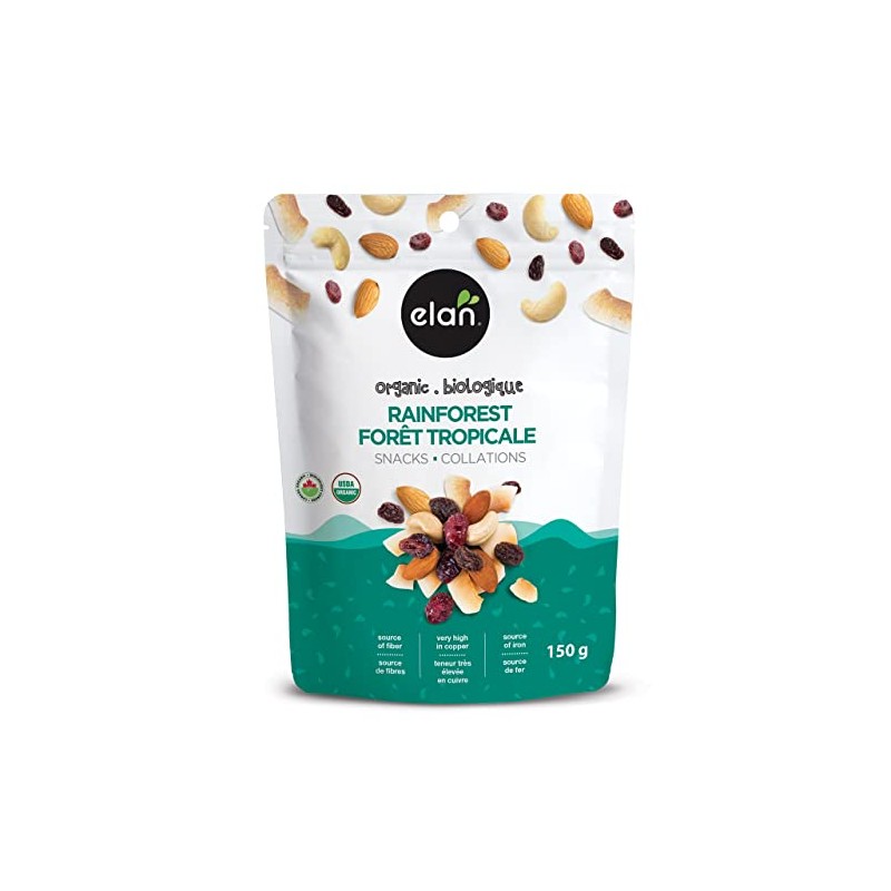 ELAN Organic Rainforest Mix, Raisins, Cashews, Coconut, Cranberries, Almonds. 150g