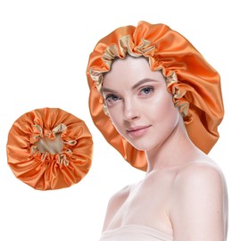 Beutyme Silk Bonnet for Sleeping Satin Bonnets Double Layer Reversible Hair Cap Bonnet for Women Long Curly Braid Hair (Tangerine)