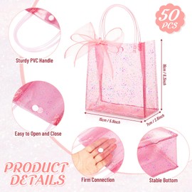 Sayglossy 50 Pcs Clear Pink Gift Bags with Handles 6.3 x 5.9 x 2.8 Inch Wedding Transparent Glitter Tote with Ribbons Reusable PVC Gift Wrap Bags for Baby Bridal Shower Birthday Party