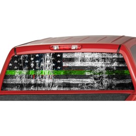 American Flag Distressed Green Thin Line USA Rear Window Graphics Army Military Decal Tint Perforated Sticker for Truck Vinyl Pickup Wrap Grunge (Custom Size up to 29" x 66")