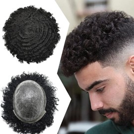 Afro Toupee For Black Men African American Curly Human Hair Systems Afro Men Hair Unit With Gray Hair Black Men Toupee 8''X 10'' Cuttable Injected PU Hair Replacement System Black Men Hairpieces (12mm Afro Wave, #1 Jet Black -120% Medium Light To Medium Density)